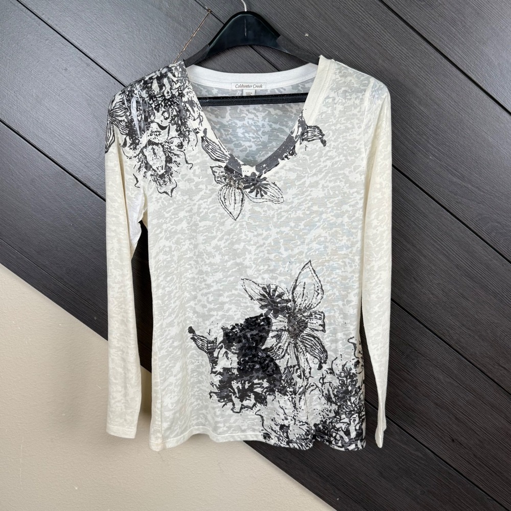 Coldwater Creek Women's XS Cream Distressed Floral Sequin Embroidered Top Y2K